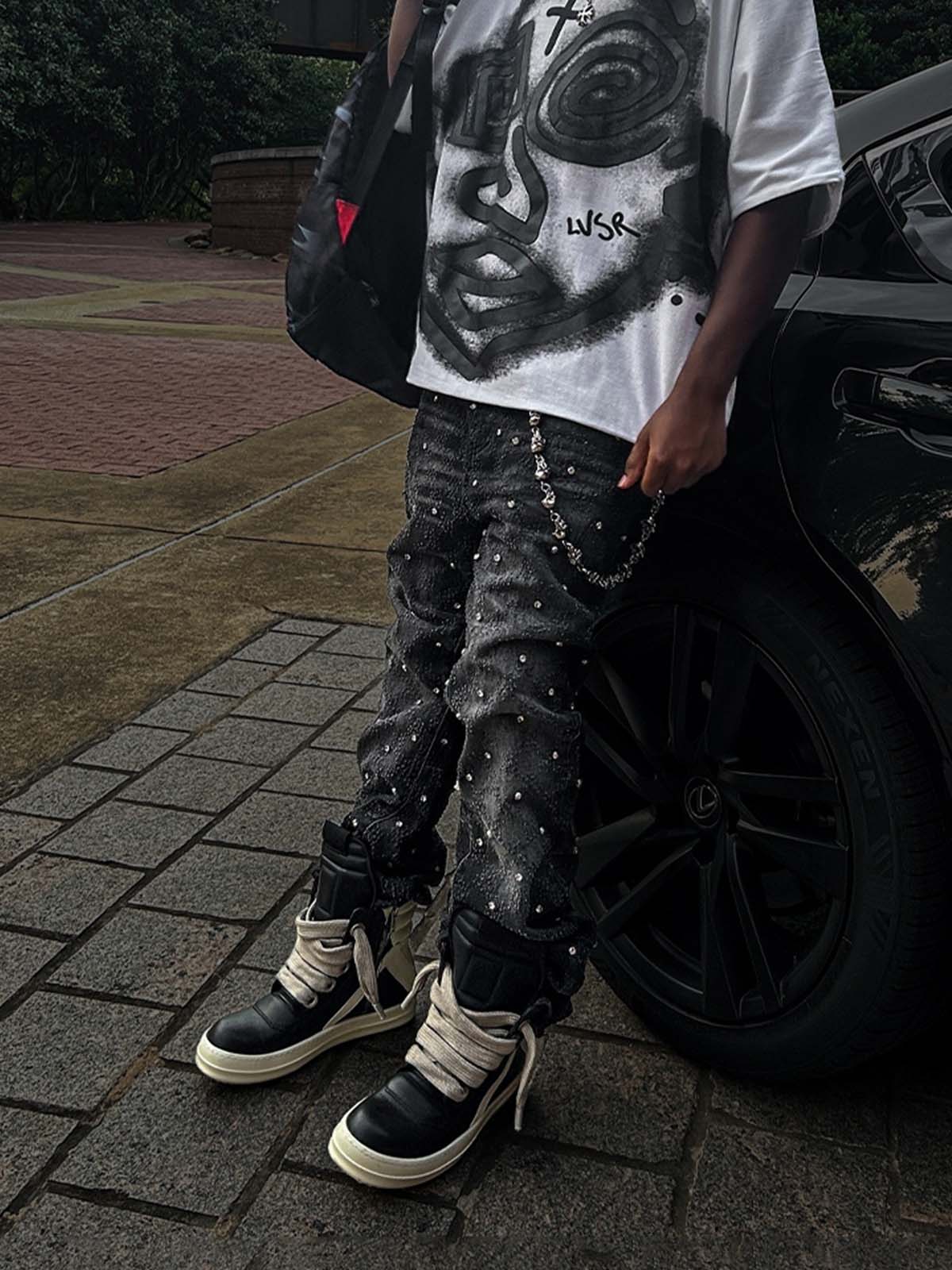 Rhinestone Flare Denim - Black