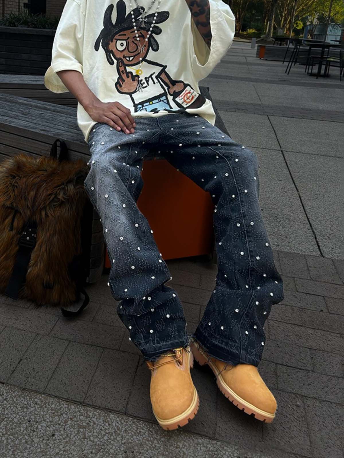 Rhinestone Flare Denim - Black