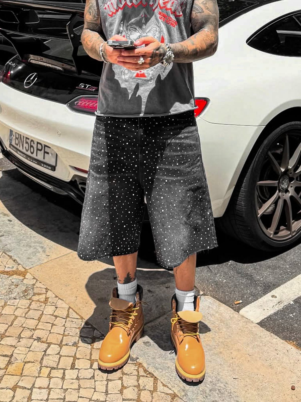 Rhinestone Denim Jorts - Black - Reputation Studios