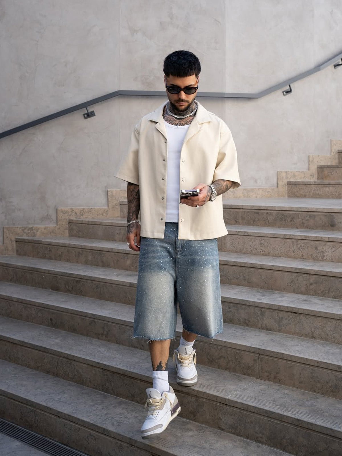 Rhinestone Denim Jorts - Cream Wash - Reputation Studios