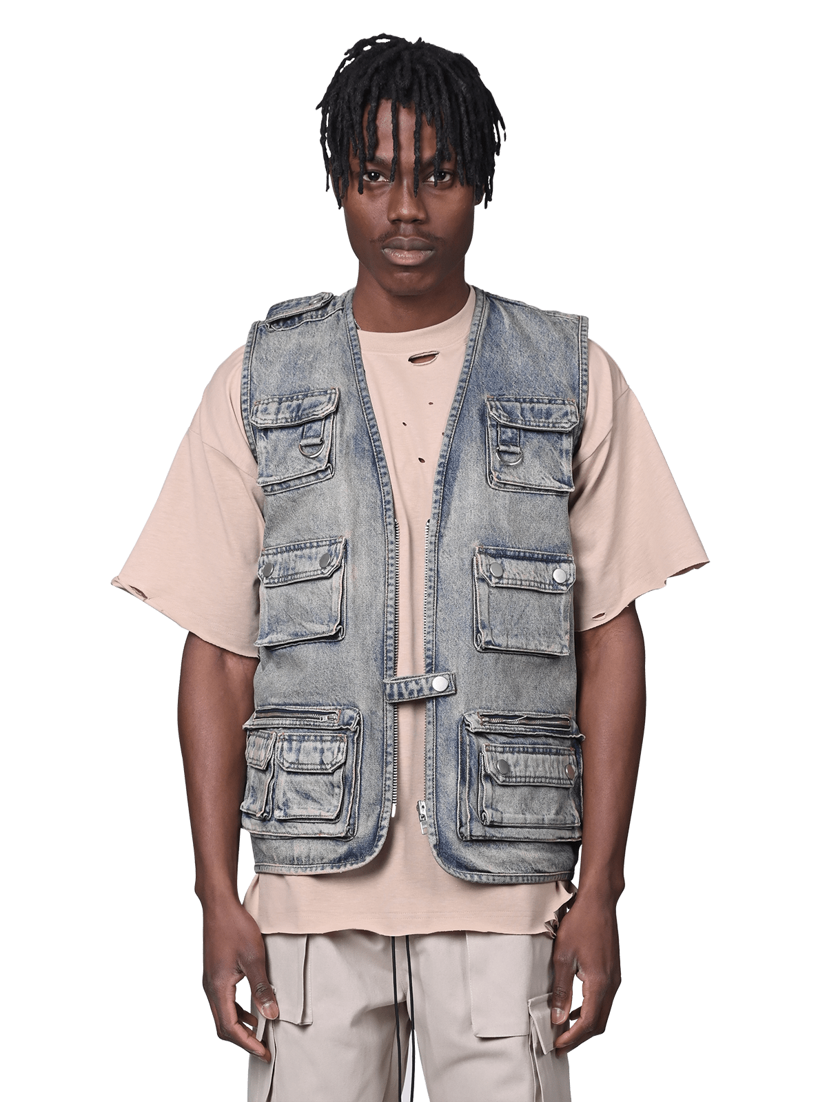 Denim Utility Vest - Cream Wash