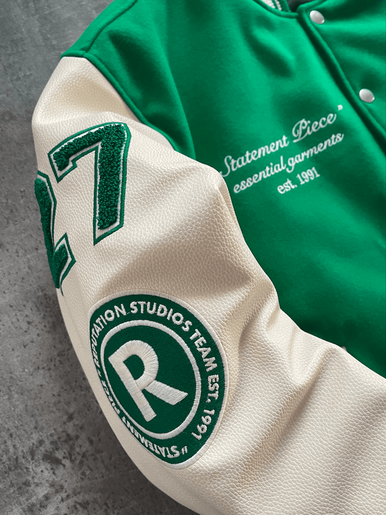 "Statement Piece" Varsity Jacket - Pine Green - Reputation Studios