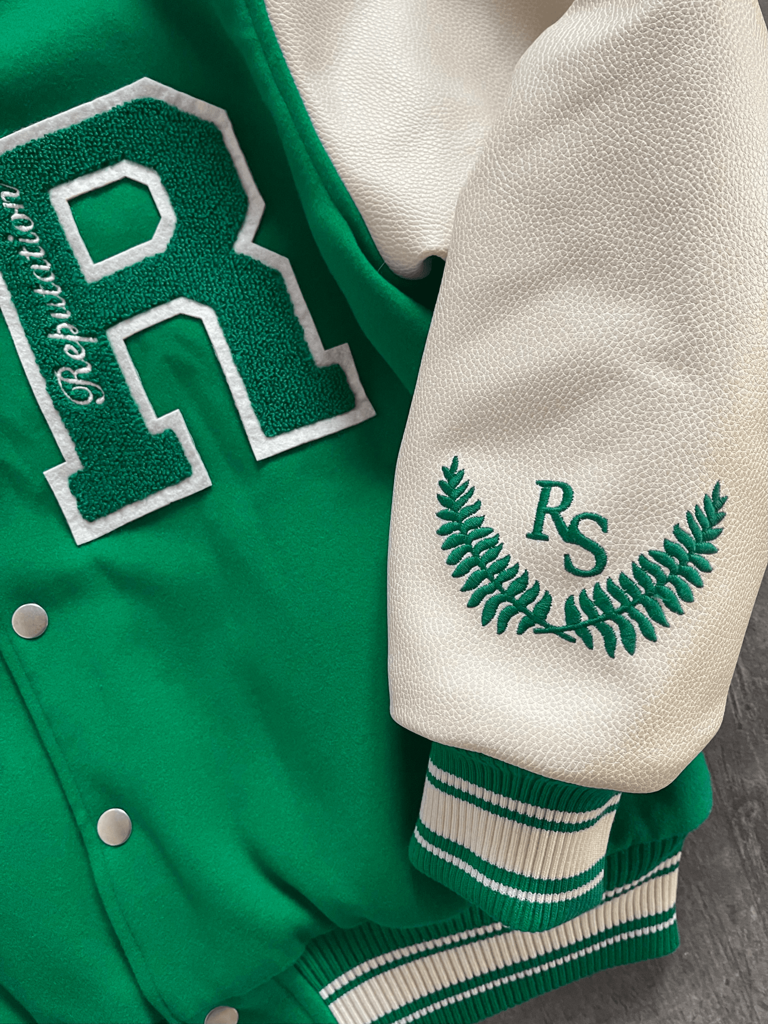"Statement Piece" Varsity Jacket - Pine Green - Reputation Studios
