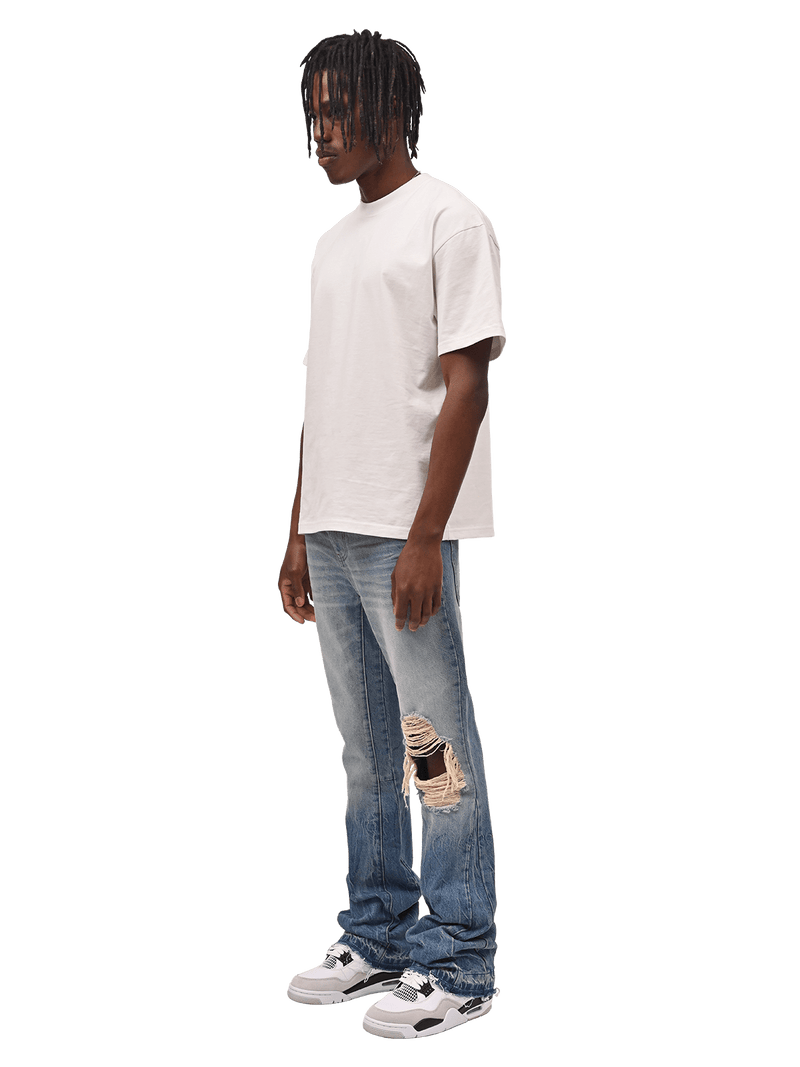Knee Blowout Flare Denim - Faded Blue