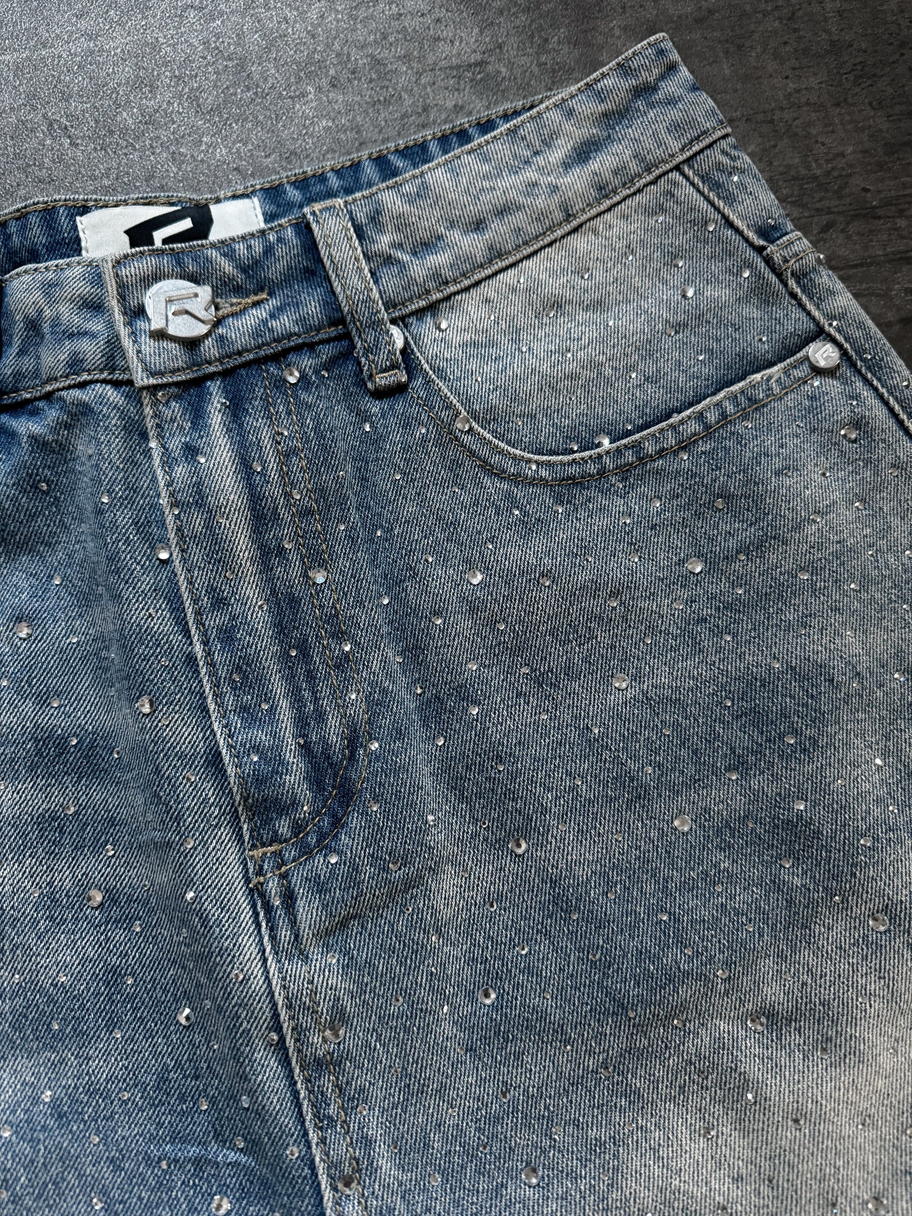 Rhinestone Denim Jorts - Cream Wash