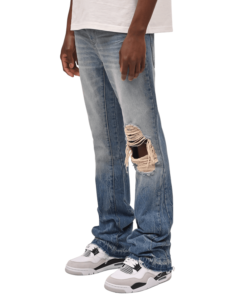 Knee Blowout Flare Denim - Faded Blue