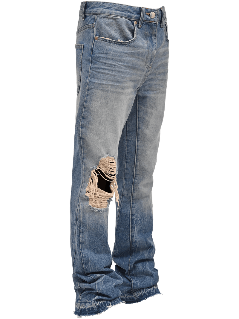 Knee Blowout Flare Denim - Faded Blue